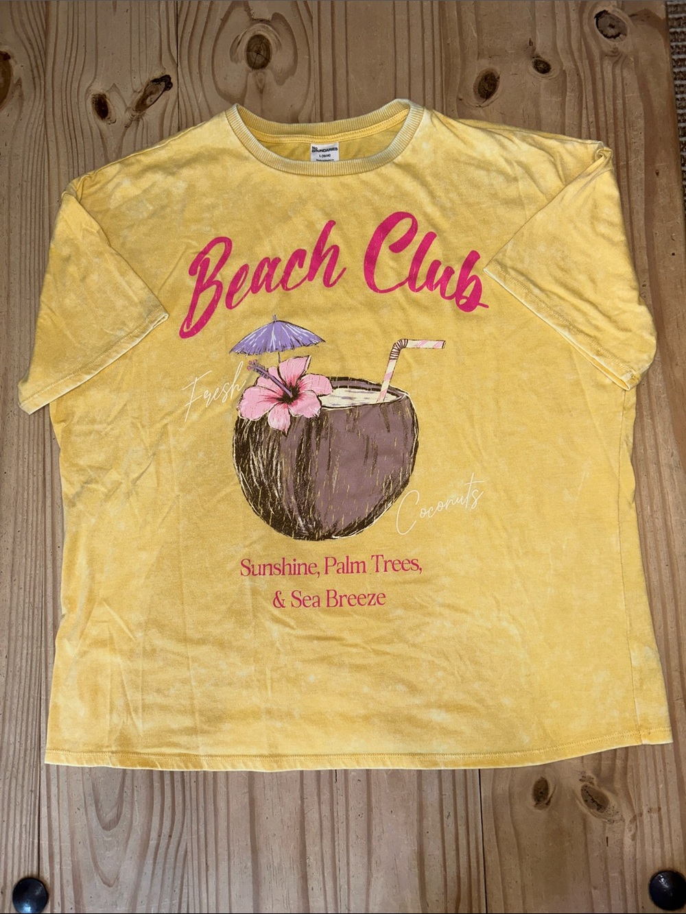 No Boundaries Women’s Yellow 'Beach Club' Graphic Tee with Pink Accents